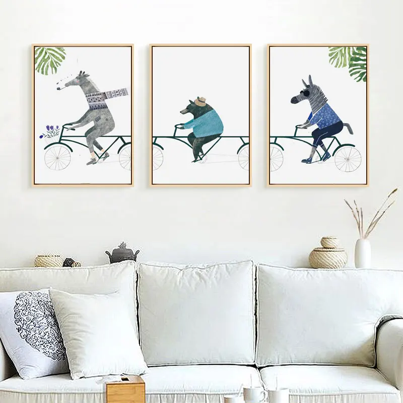 Мультфильм украшение абстрактная Настенная картина животное езда велосипед