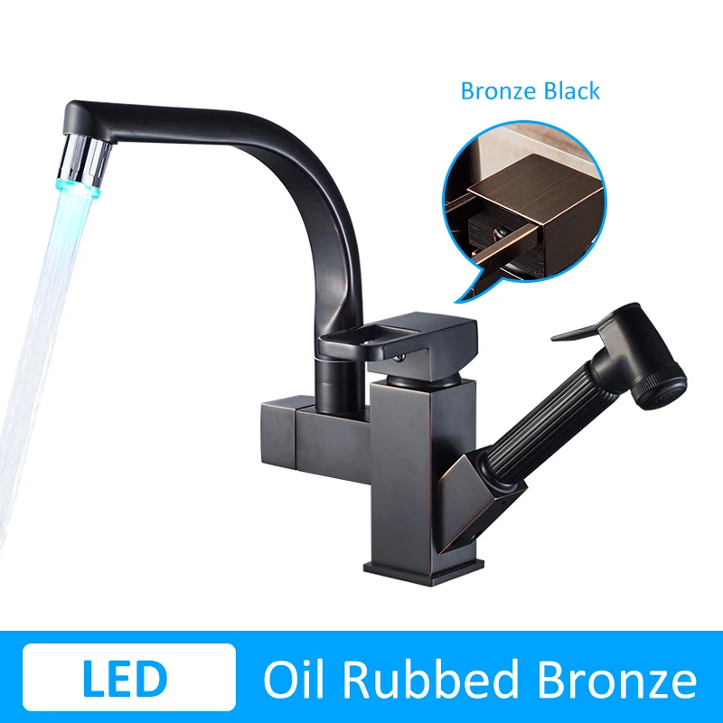 LED-Oil Rub Bronze Хромированный кран для кухонной раковины черного цвета с поворотом на 360 градусов, кран для раковины с одной ручкой - Цвет: LED-Oil Rub Bronze