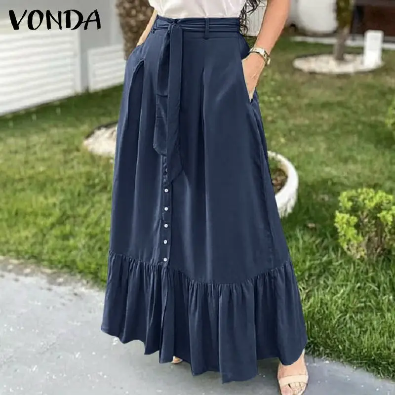 Женская джинсовая юбка VONDA 2022 Повседневная однотонная плиссированная длинная