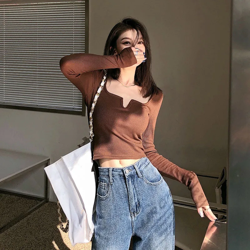 

Square Neck Long Sleeve Sexy Basic Streetwear Women for T-shirts Fashion Casual 2021 Autumn Top Skinny Slim Solid Female Tees