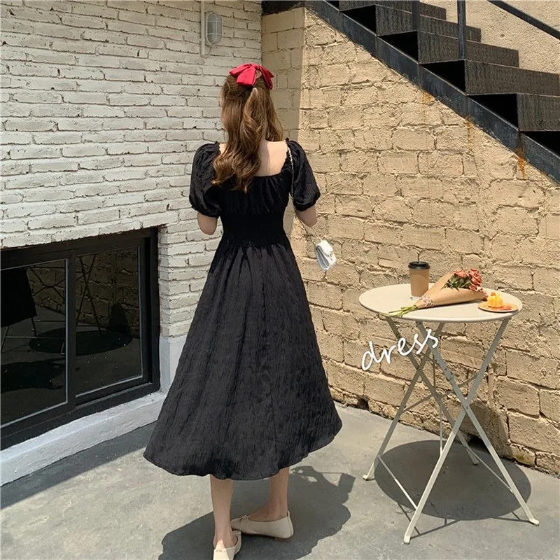

French Dress Women Square Collar Puff Sleeve Square Collar Summer Dress Women A- Line Elegant Vintage Retro Dress Women
