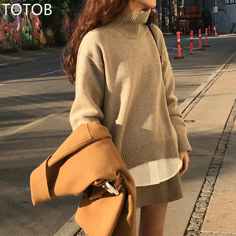 Женский Однотонный свитер с высоким воротом вязаный пуловер длинным рукавом