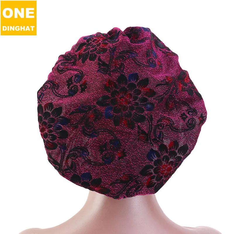 

The New Bright Silk Flocking Printing Nightcap Elastic Wide-brimmed Hat Round Cap Chemotherapy Amazon Hot Source