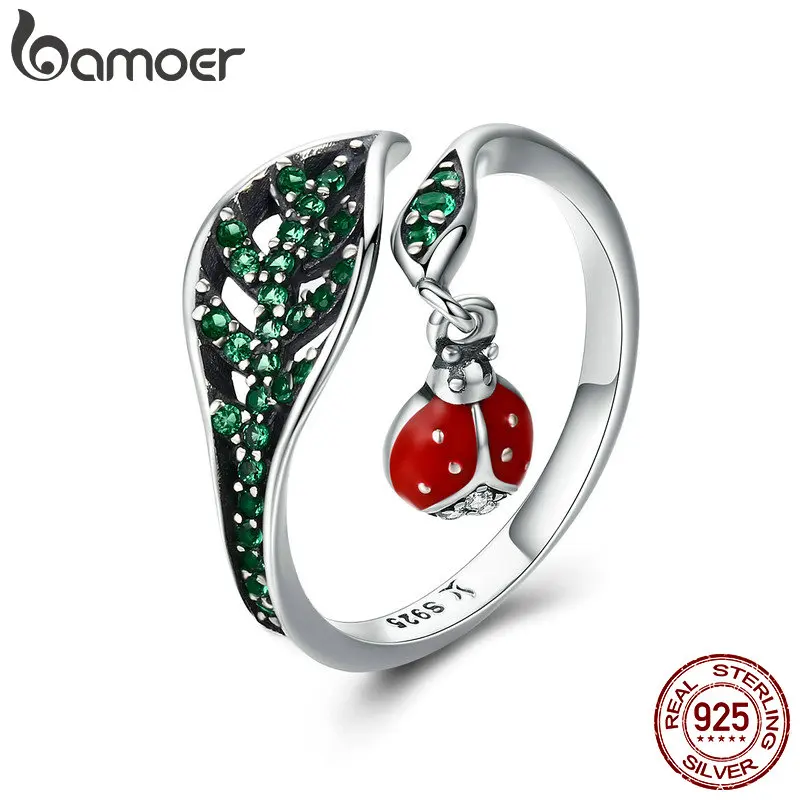 BAMOER, 925 пробы, серебро, отдых, божья коровка, болтаются в листьях дерева, кольца на палец для женщин, Стерлинговое Серебро, ювелирное изделие, подарок SCR310