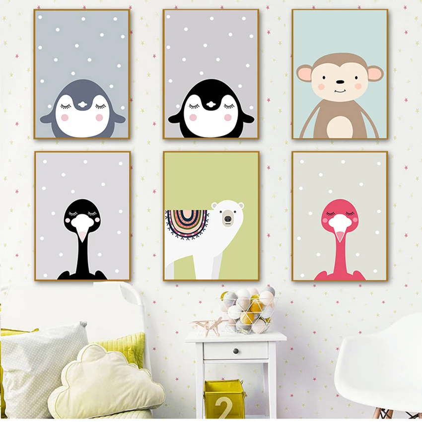 

Картина для детской комнаты в скандинавском стиле, милый мультяшный рисунок, животное, пингвин, обезьяна, детская комната, холст для рисован...
