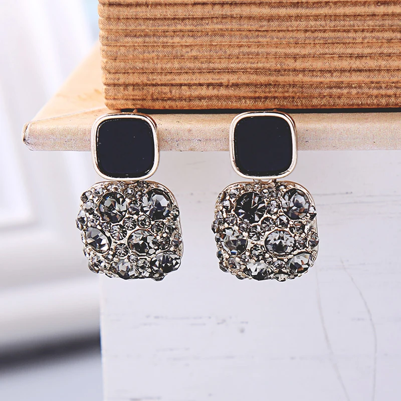 Черные серьги с эмалью родиевый цвет кристалл гипоаллергенный Квадратный Кулон