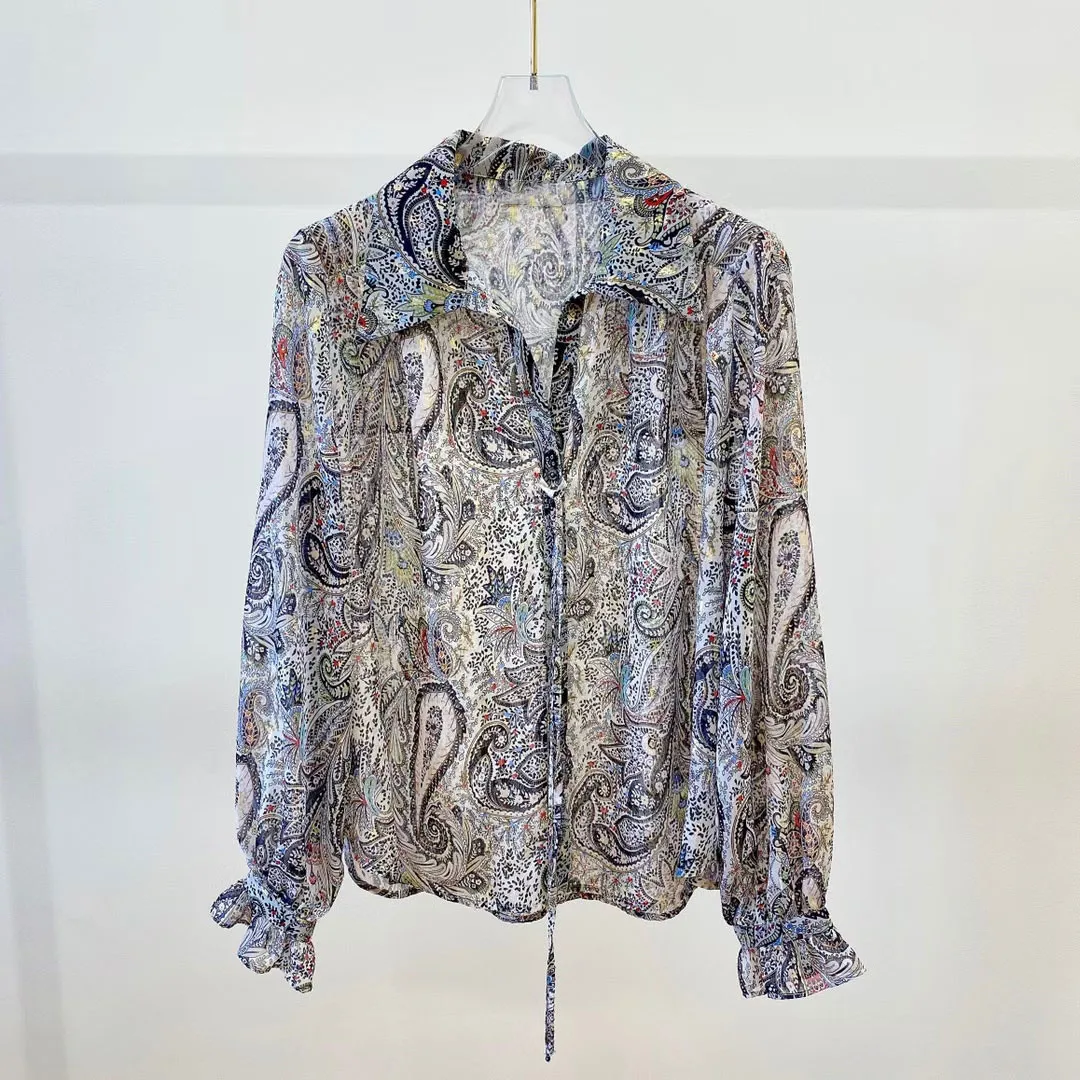 

Women's Blouse Lace-up Buttons Turn-down Collar Loose Vintage Ladies Printing Shirts 2021 Autumn