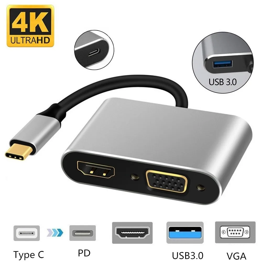 Адаптер USB C 4k Type c для VGA USB3.0 HDMI совместимый преобразователь Аудио и видео PD 87 Вт