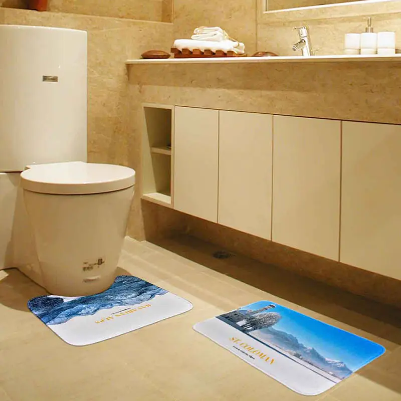 2 шт Мягкий коврик для ванной u образный & прямоугольный зимний пейзаж полиэстер