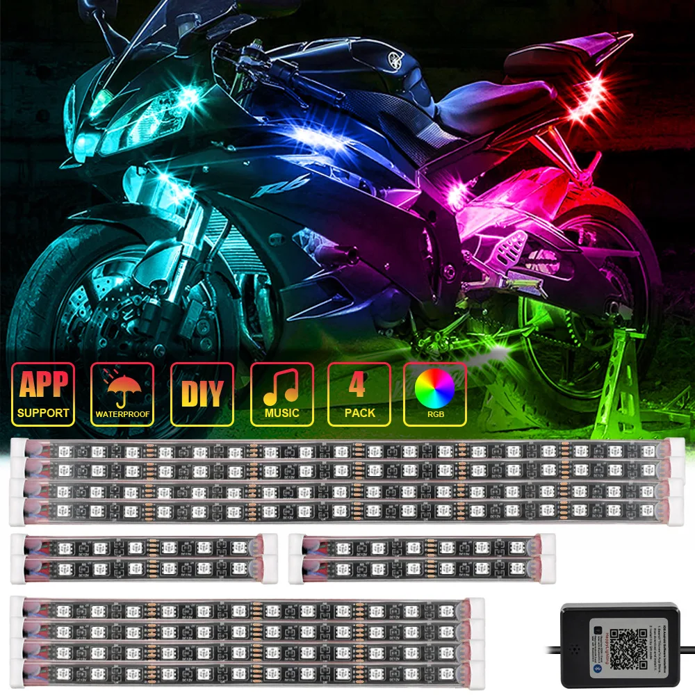 

12pcs Motorcycle LED Neon Strip Lamp RGB Voice Control Glow Lights 5050SMD Flexible Neon Strips Kit Wireless Remote Waterproof