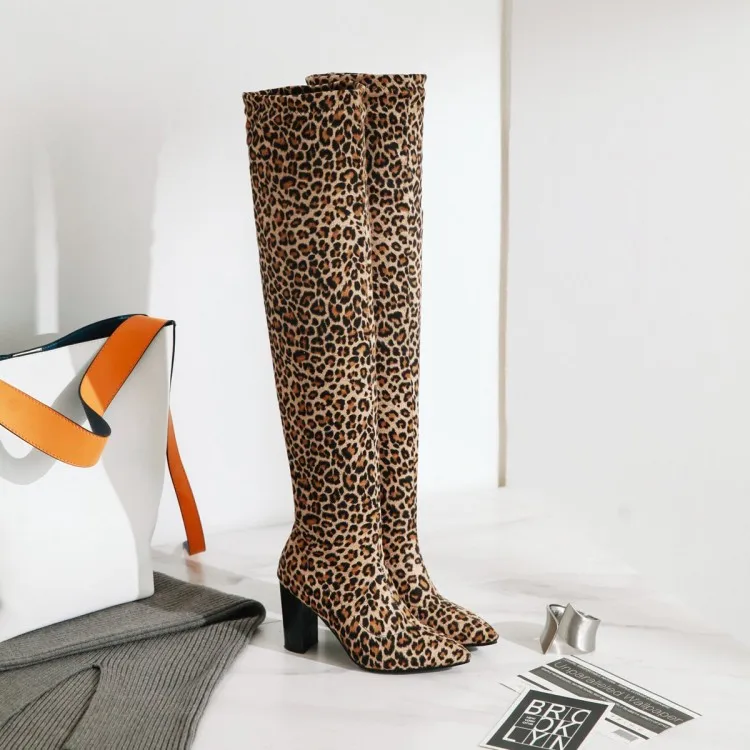 Женские ботфорты выше колена с леопардовым принтом на каблуке|Сапоги до колена| |