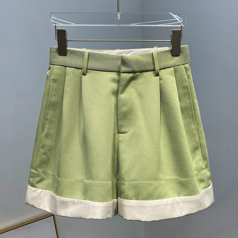 

Straight Pants For Women Mid Waist With Pockets Patchwork Hit Color Loose Green Shorts Female 2020 Summer New Clothing Tide K819
