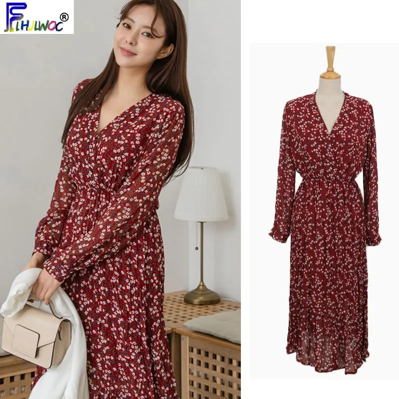 

Женское винтажное длинное платье с цветочным принтом, облегающее красное платье трапециевидной формы с эластичным поясом, одежда в корейск...