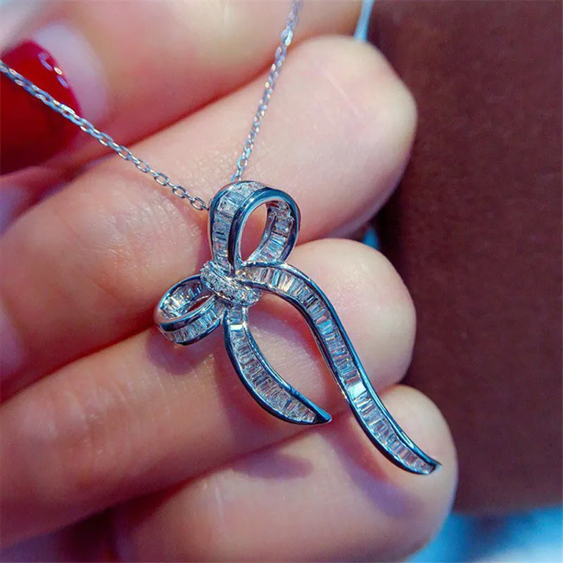 

Charm bowknot Diamond cz Pendant Real 925 Sterling Silver Party Wedding Pendants Necklace For Women Bridal Gemstone Jewelry Gift