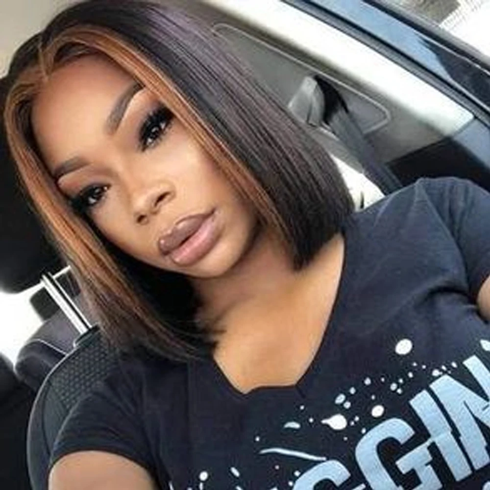 Highlight Brown Wig Short Bob Lace Front Human Hair Wigs Straight Brazilian For Women Remy Closure Frontal Ms love | Шиньоны и парики