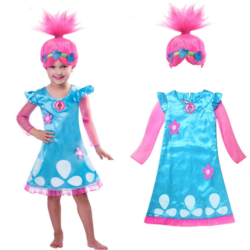 2021 New Troll Wig+dress set Children Costumes For Girls Carnival Kid Dress Trolls Clothes Poppy Party vestido de festa | Тематическая