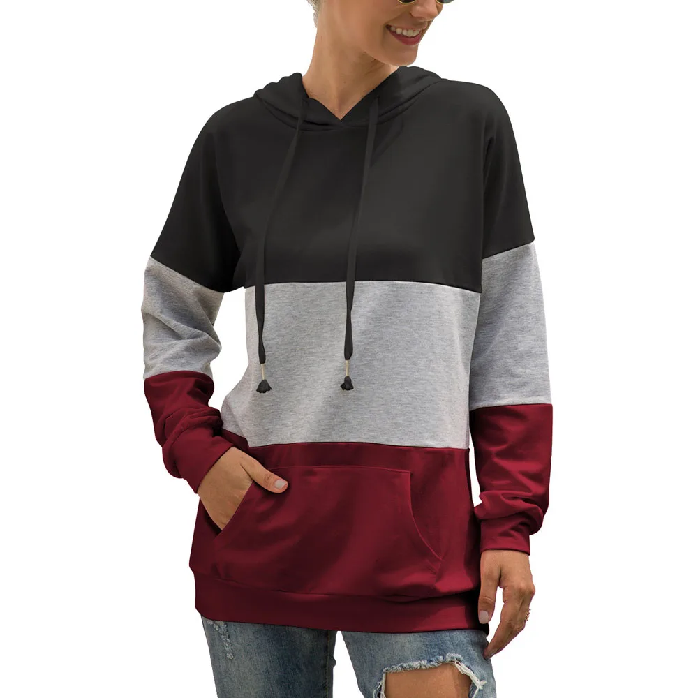 

Color Contrast Patchwork Hoodies Drawstring Coat Autumn Winter 2021 New Fashion Loose Hoodies Casual Long Sleeves Sweatshirt