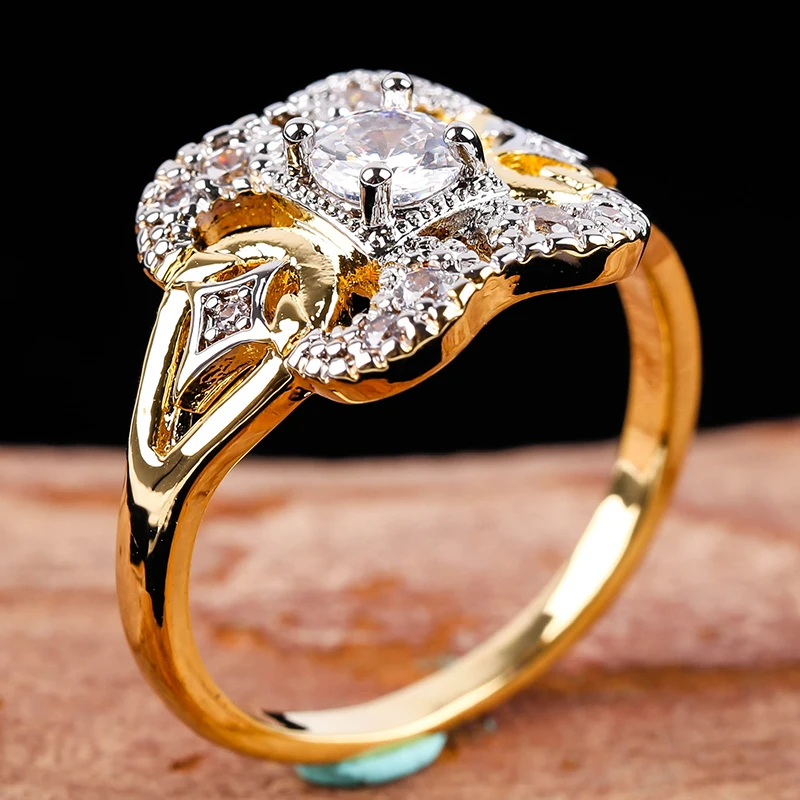Роскошное позолоченное обручальное кольцо с белым CZ камнем кольца для женщин