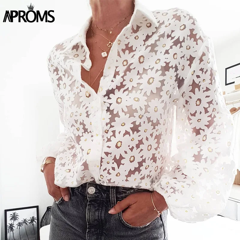 Новая Элегантная сексуальная прозрачная блузка с подсолнухом Женская Осенняя