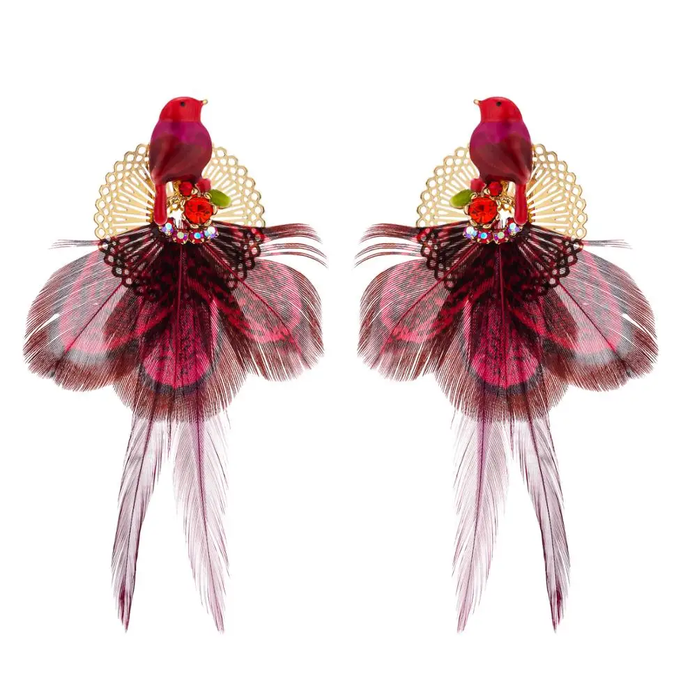 Женские богемные серьги с натуральным пером lureme красные в виде