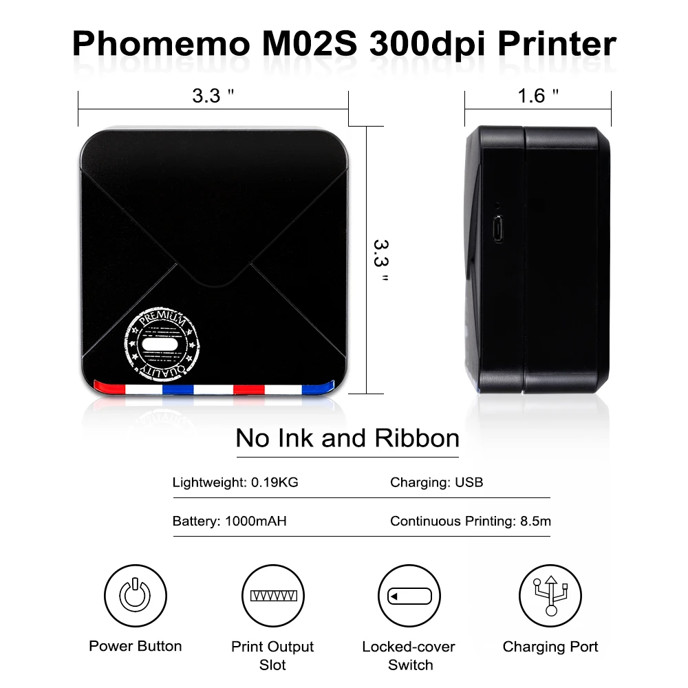 Карманный термопринтер Phomemo M02S мини-принтер с термобумагой подходит для