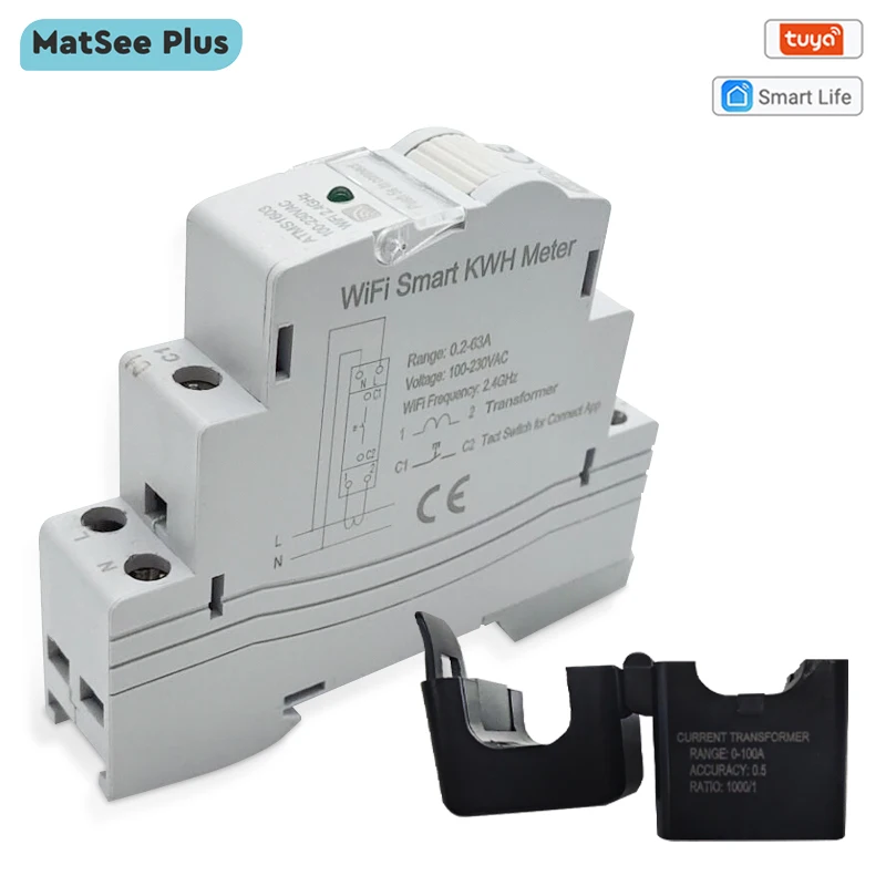 Medidor de Energia Medindo com Precisão Monitor de Uso de Energia e Registro de Histórico de Energia Tuya Monofásico Inteligente Wi-fi Trilho Din Voltímetro Amperímetro 63a