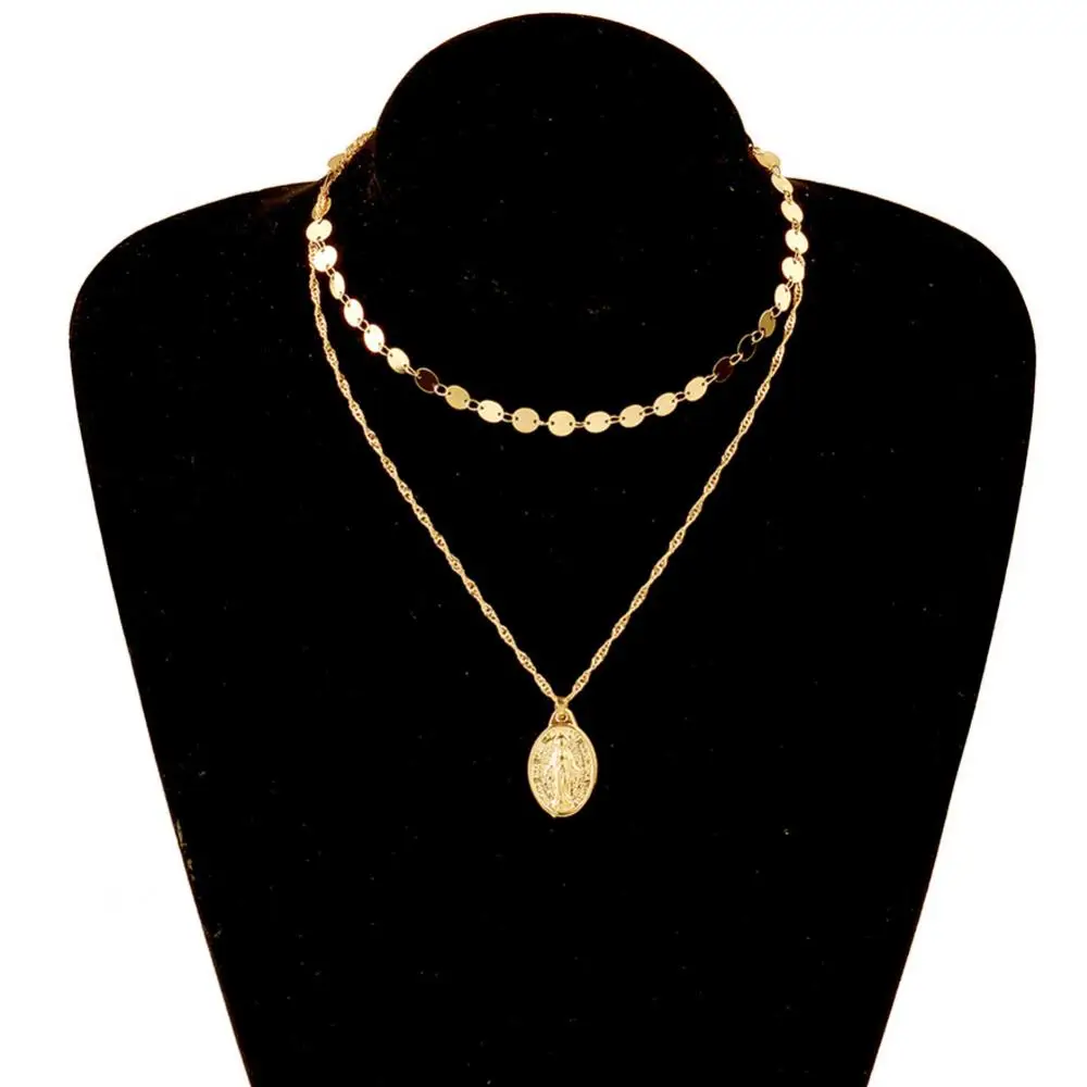 

Women Stylish Double Layer Engraved Round Pendant Adjustable Chain Necklace