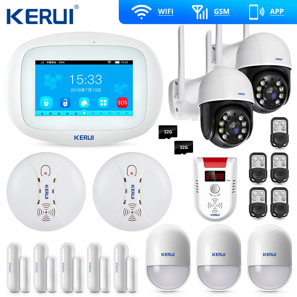 

Домашняя сигнализация KERUI с Wi-Fi, GSM, камерой 3 Мп, Комплект охранной сигнализации с газовым датчиком, Wi-Fi IP-камерой, датчиком дыма и датчиком дв...
