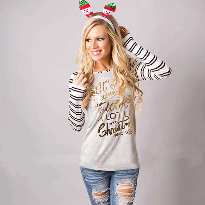 

Women Christmas Print T-Shirt Fashion Christmas Round Neck Long Sleeve T-Shirt Patchwork Tshirt Tops clothes