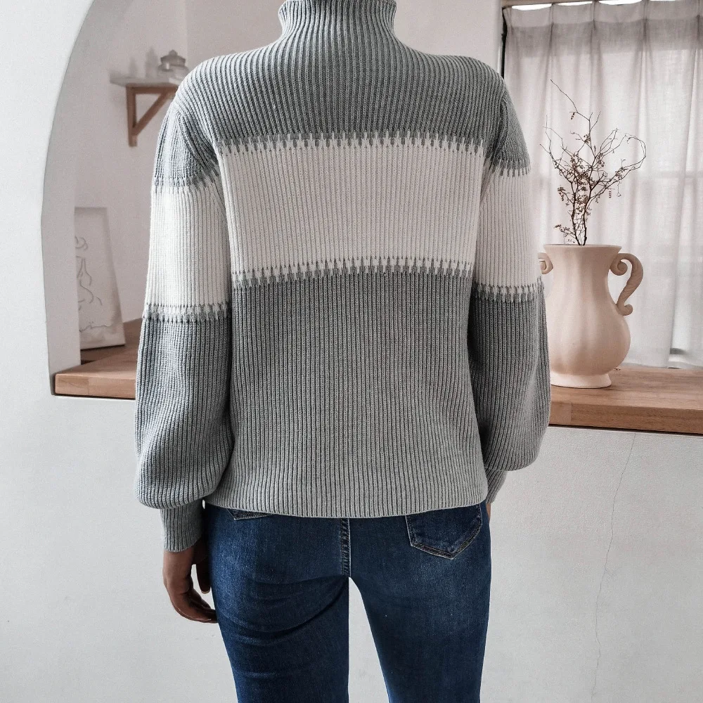 

Autumn Winter Sweater womens 2020 New Fashion Casual Turtleneck stripe knitted Sweater Color pullovers jumper women Pullovers