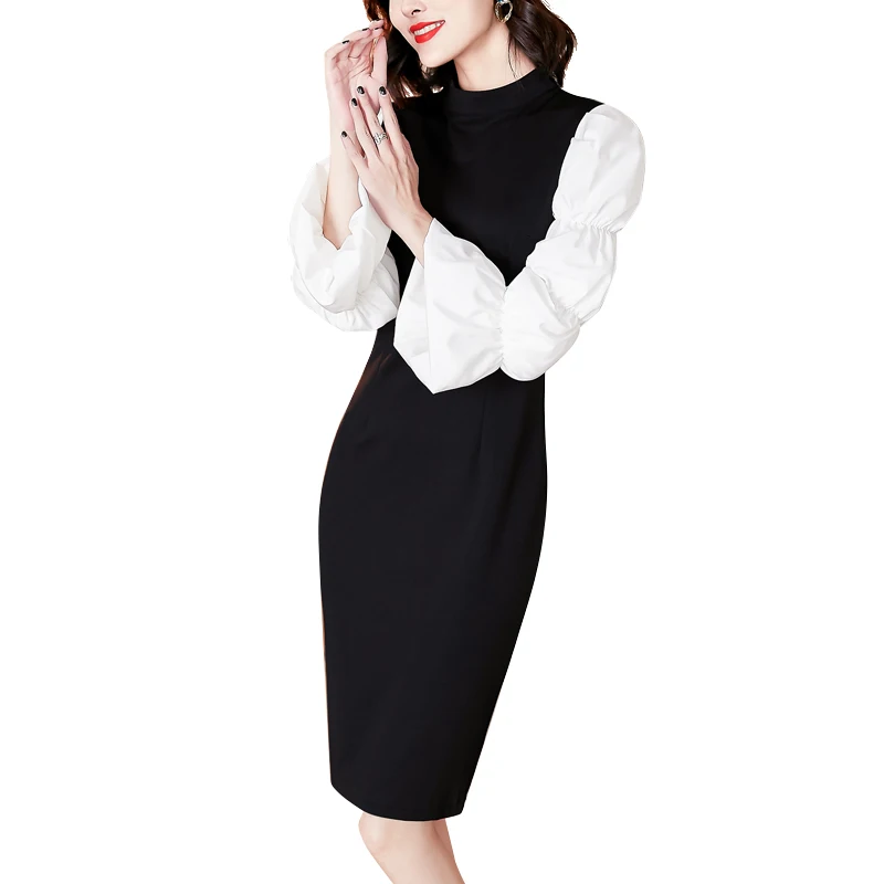 

Spring Autumn Half High Collar Multi-Layer Dress Lantern Lotus Root Sleeves Black White Contrast Stitching Bodycon Woman Dresses