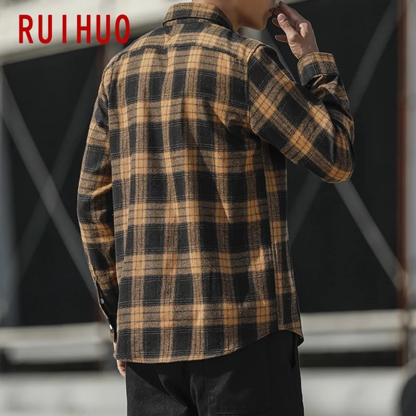 RUIHUO Повседневная клетчатая рубашка для мужчин Slim Fit из хлопка и шерсти мужские