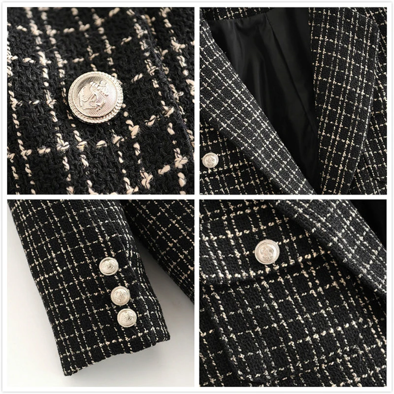 Женский твидовый Блейзер на пуговицах винтажный клетчатый пиджак с длинным