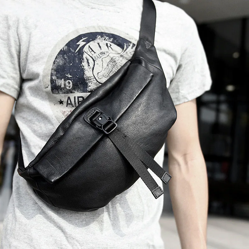 fashion designer genuine leather men's chest bag casual soft cowhide black messenger bags high quality teens waist packs