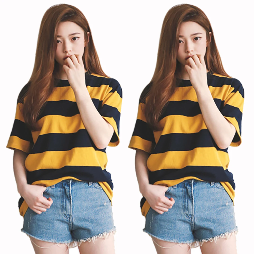 2019 новая рубашка женская летняя черно желтая полосатая Милая футболка с