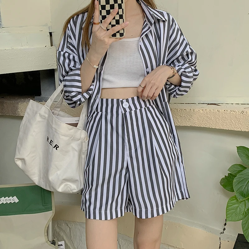 

Summer Black Striped Shorts Set Womens Going Out Casual Loose Long Sleeve Shirt Fashion Shorts Female Outfit Two-Piece Sets