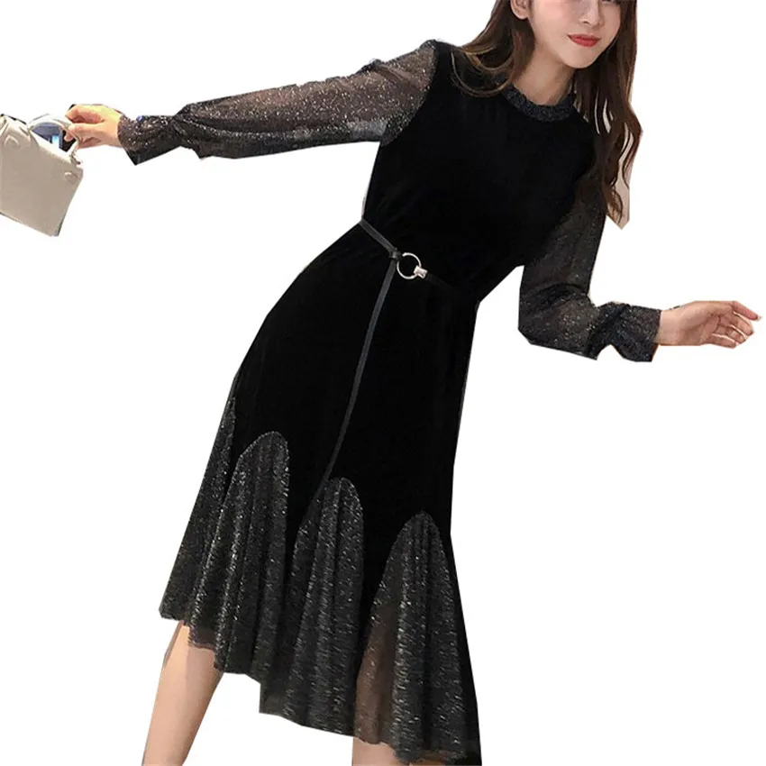 

Осень 2021, женское золотистое бархатное платье с длинным рукавом, платье-Русалка большого размера, элегантные женские вечерние платья-миди, ...