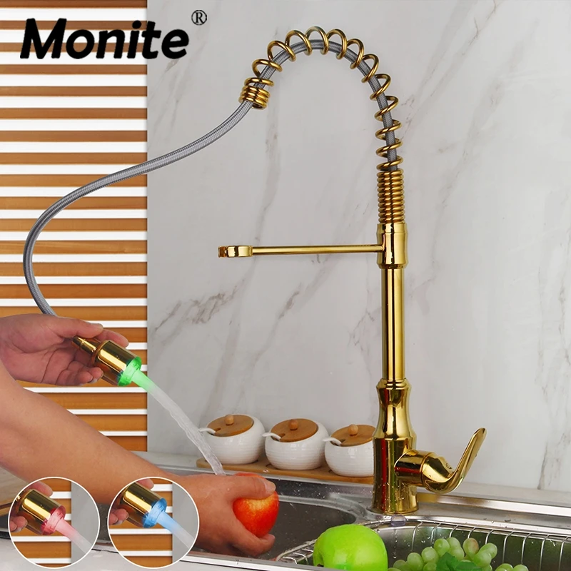 Monite Swivel& Pull Down Kitchen Faucet Golden Plated Vessel Sink Faucet Washbasin Mixer Taps with LED Spring Spray Water Tap