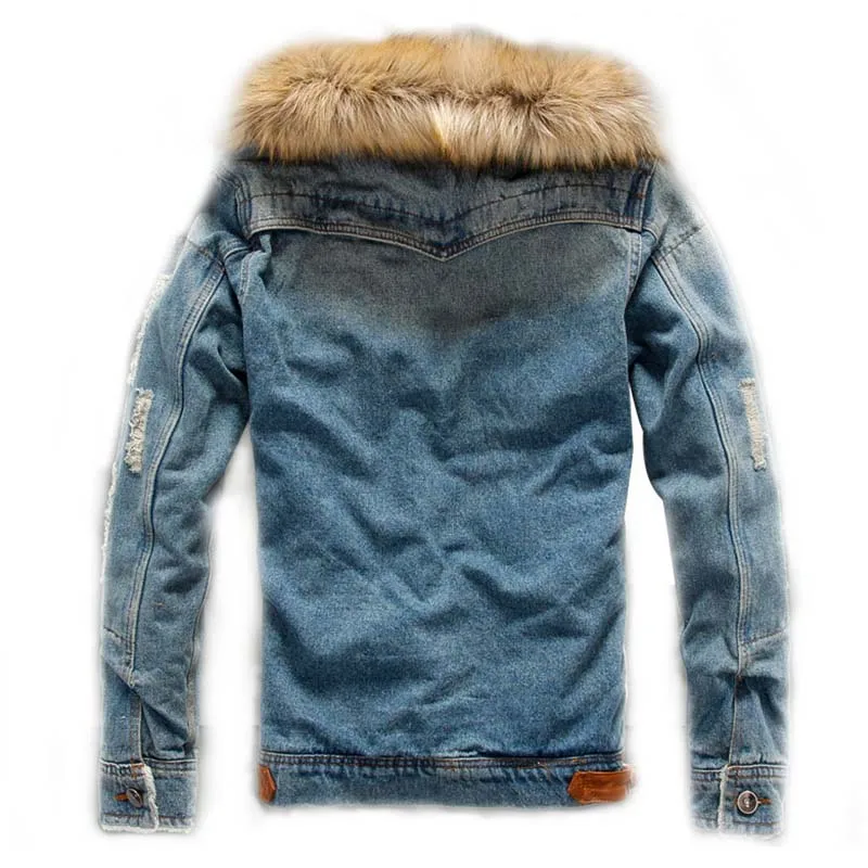 

Mcikkny Men Ripped Warm Denim Jacket Fur Collar Casual Coats Parka For Male Fleece Lined Size S-6XL