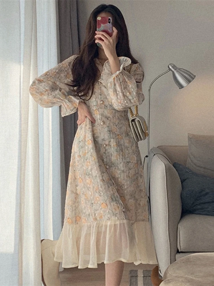 

2021 French New Super Fairy Mori Design Dense Small Number Of Tea Break Flower Dress Children Spring and Autumn