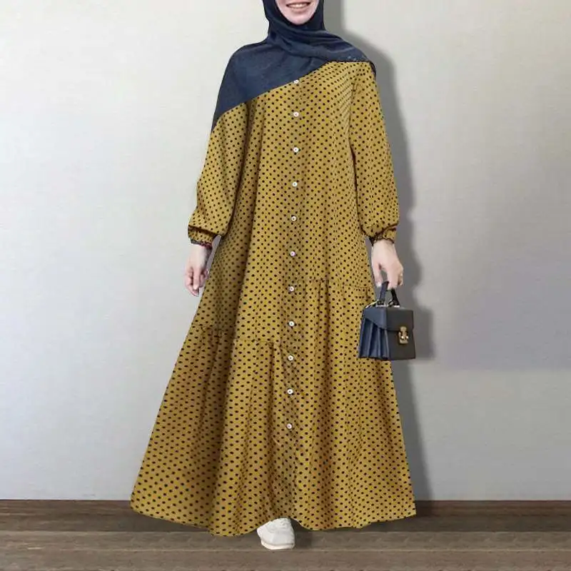

Turkey Arab Retro Printed Polka Dot Muslim Dress Button Women's Autumn Puff Sleeve Maxi Vestidos Female Moroccan Kaftan Abayas