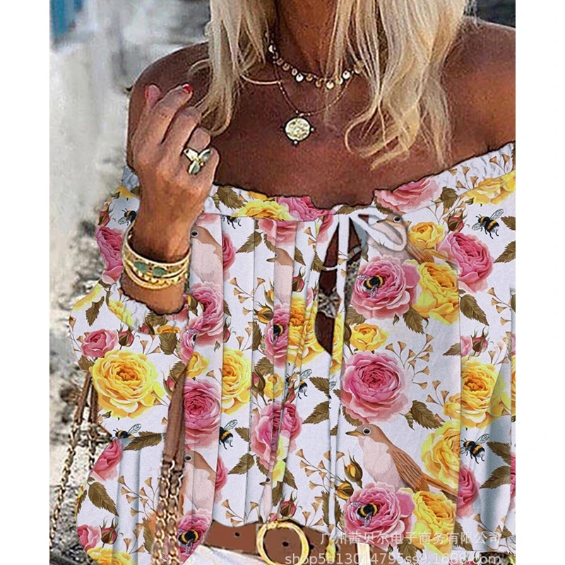 

Mandylandy T-shirt Women's Casual Loose Lantern Sleeve Backless Slash Neck T-shirt Summer Sexy Floral Print Lace-up T-shirt