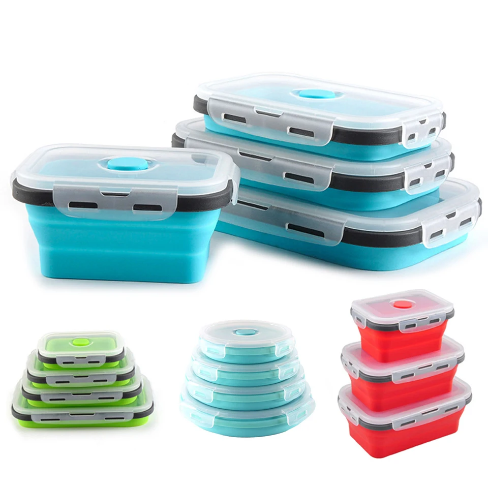 

New Food Storage Containers With Lids Silicone Collapsible BPA Free Lunch Fruit Salad Box Set reezer Microwavable