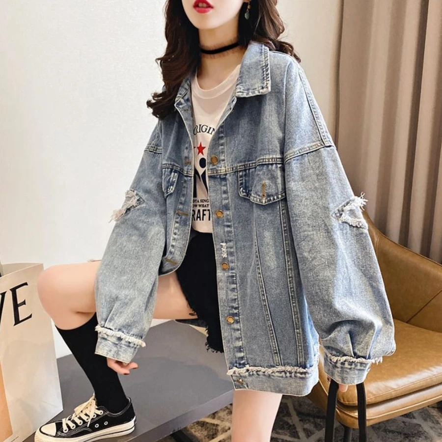 

Loose Casual Denim Jacket Women's 2020 Spring And Autumn New Net Red All-Match Long-Sleeved ripped jacket Hong Kong taste tide