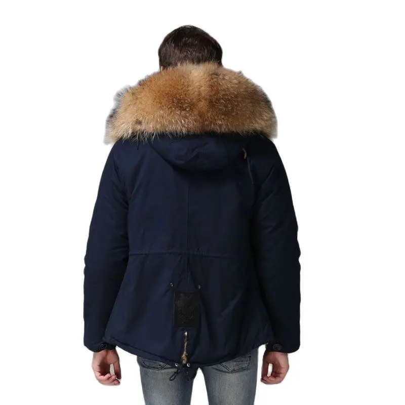 Мужская короткая Парка темно-синего цвета с подкладкой из искусственного меха -