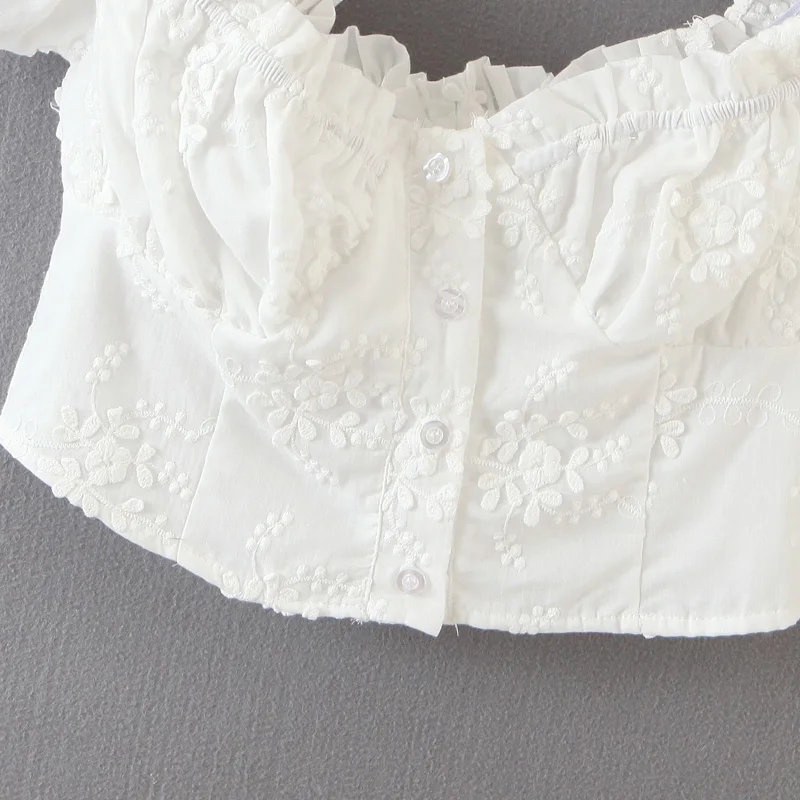 

Casual summer women tops and blouses white short sleeve square collar buttons chic embroidery shirt ladies vestidos