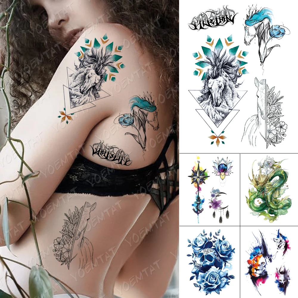 

Водостойкие Временные татуировки, наклейки, лошадь, пион, цветок, цветные флэш-татуировки, женские Геометрические узоры, рука, боди-арт, иску...