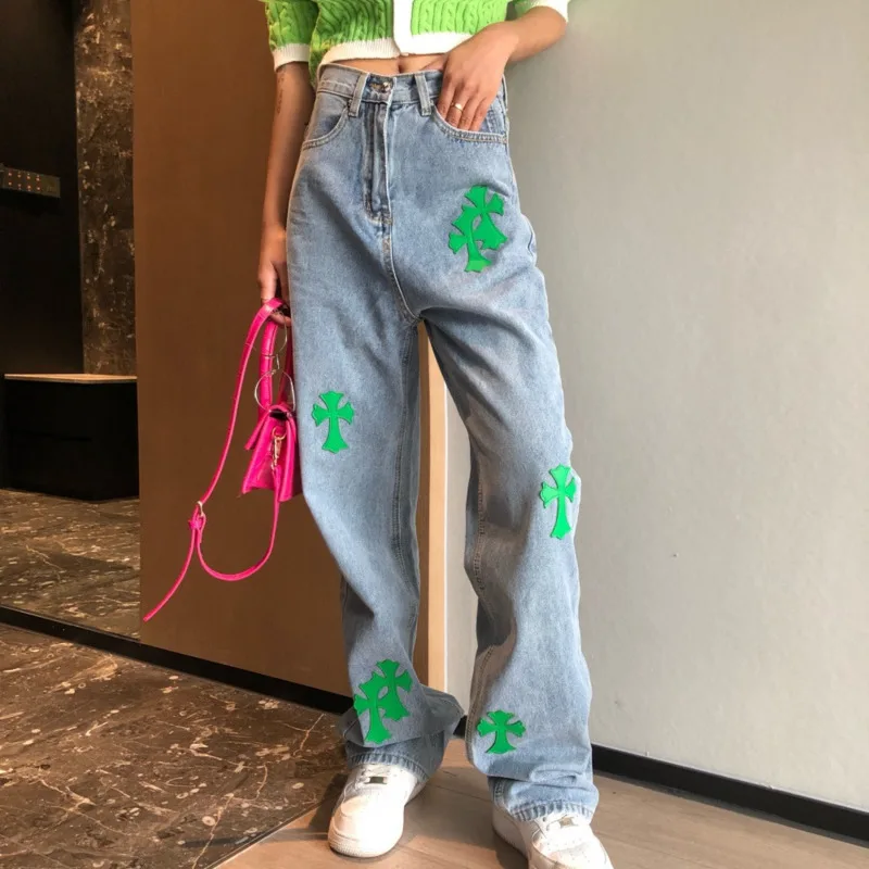 

Patchwork Ins Style Embroidery Women Straight Jeans Autumn Blue High Waist Streetwear Zipper Loose Casual Trousers Vintage 2021