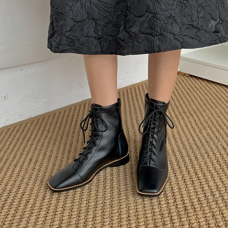 Beli 2020 Musim Semi Dan Musim Gugur Baru Fashion Lace-Up Low-Heel Knight Sepatu All-Match Kulit Square Toe Sepatu Tunggal Wanita X294