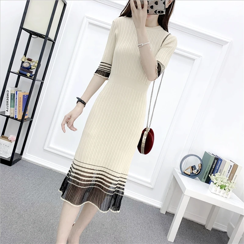 

New Arrival Mesh Patchwork Hit color Striped Knitted Dress Graceful O-Neck Slim Bodycon Midi Dress